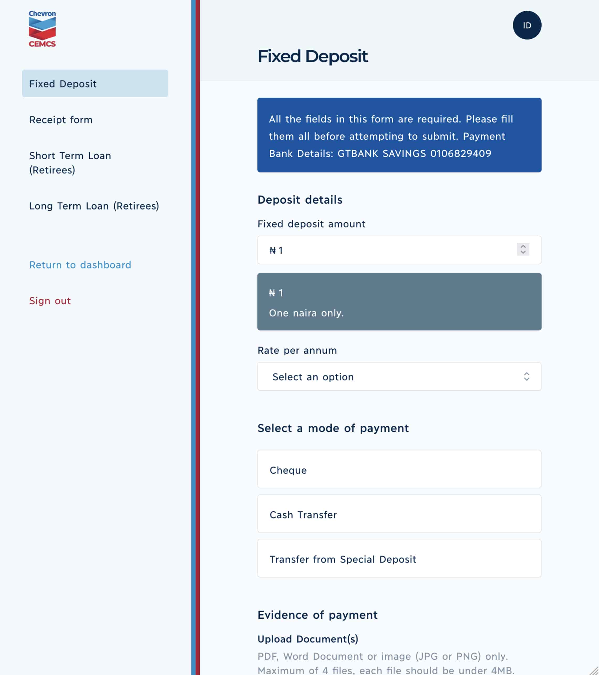 A sample form from the new application