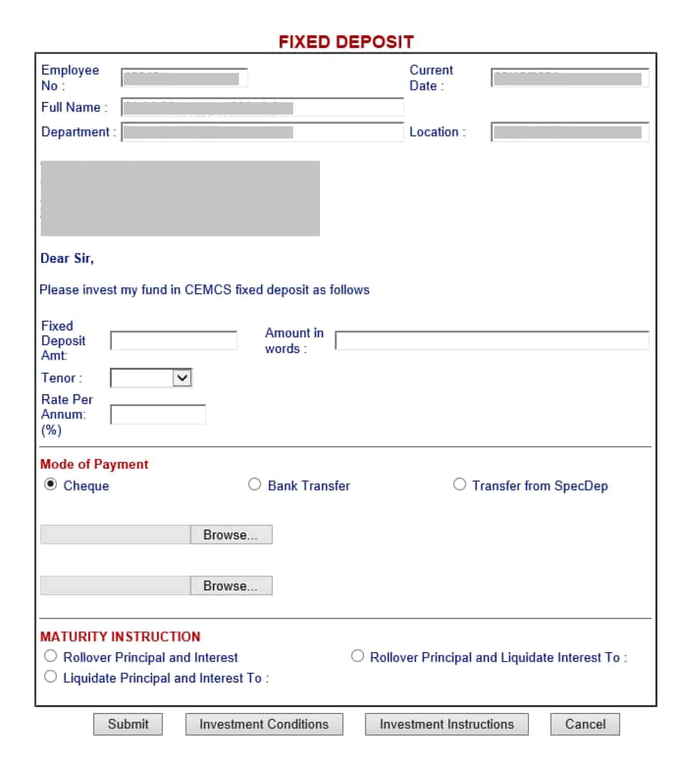 A sample form from the old application