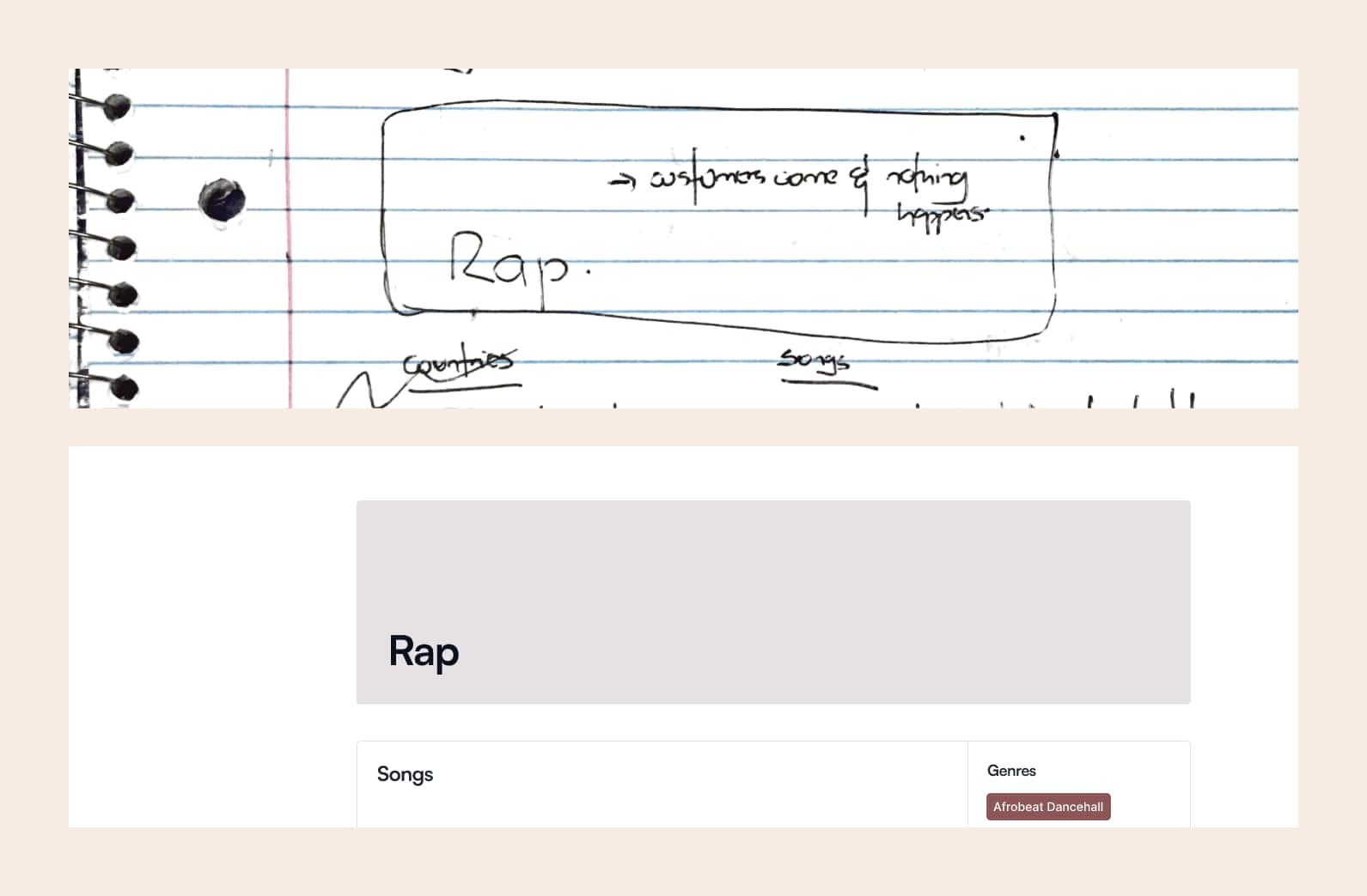 Low and high fidelity wireframes for the genre page header
