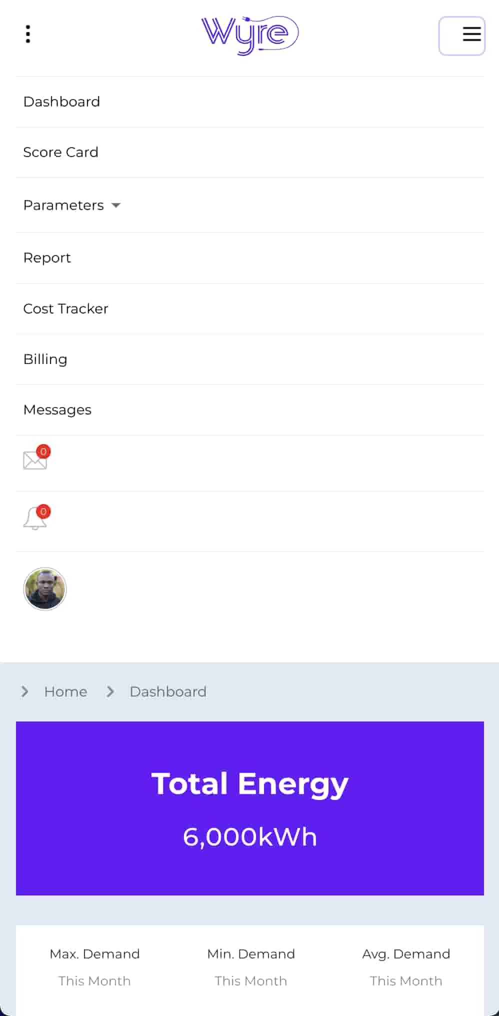 The mobile dashboard with its hamburger menu expanded.